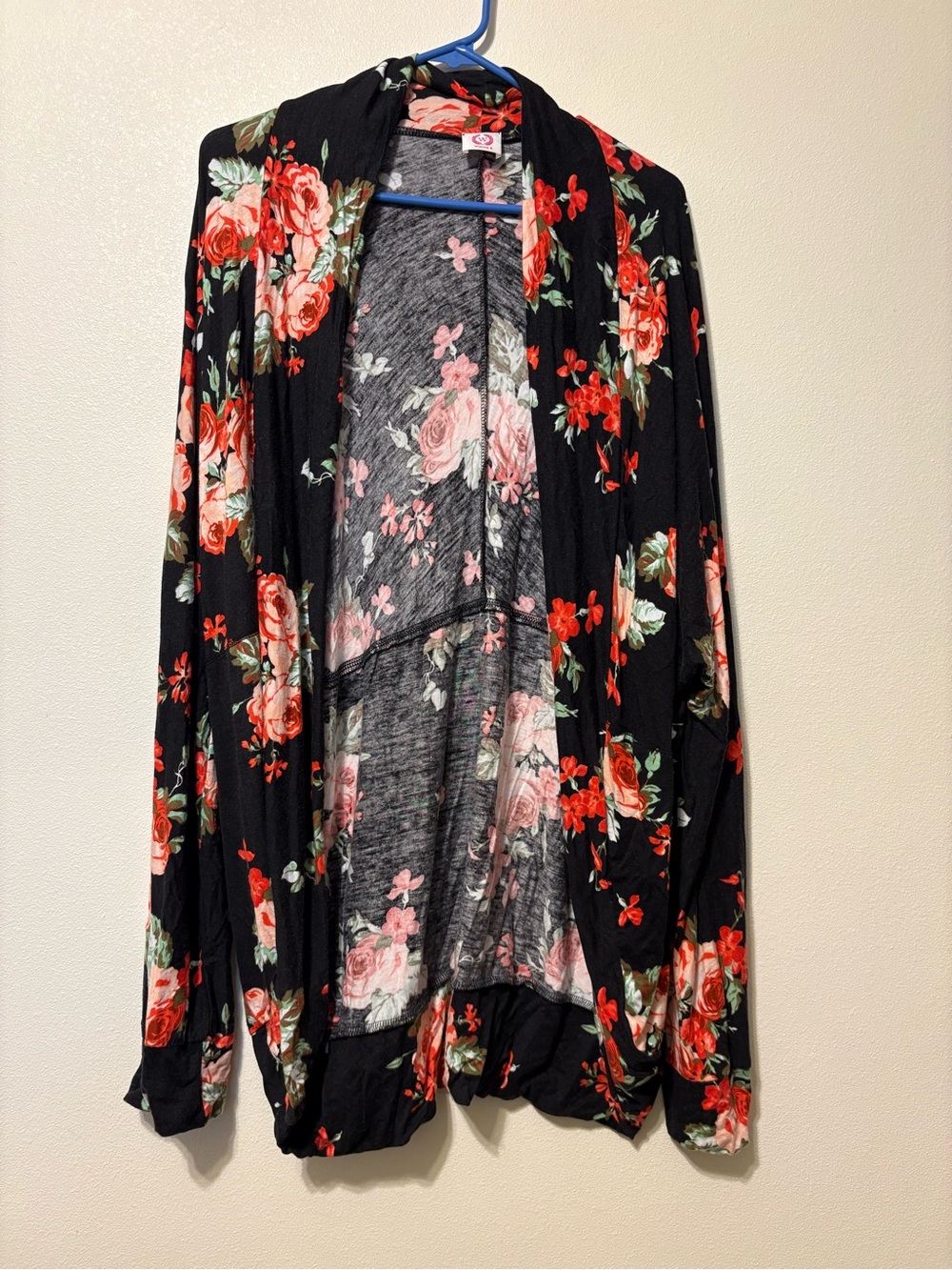 Wanna B Black Open-Front Cardigan with Red & Pink Floral Print
